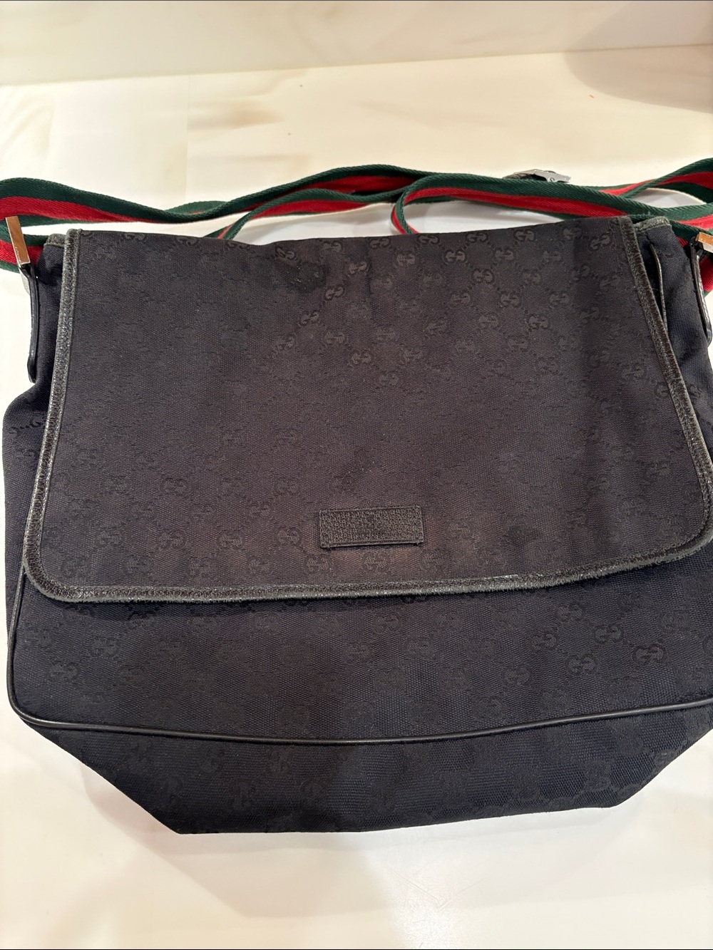 Gucci Black Messenger Bag with Signature Green-Red Web Strap
